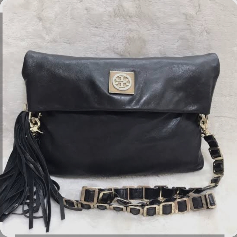 Tory Burch Beautiful Black Leather Women's Handbag w/ Woven Gold Chain Strap EUC - Picture 7 of 9